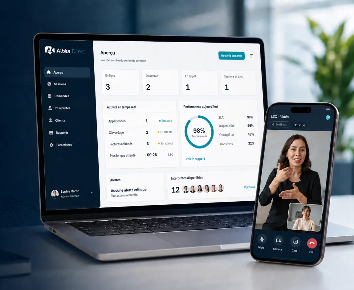 Interface Altéa Direct avec centre de contrôle, appel vidéo et clavardage intégré.